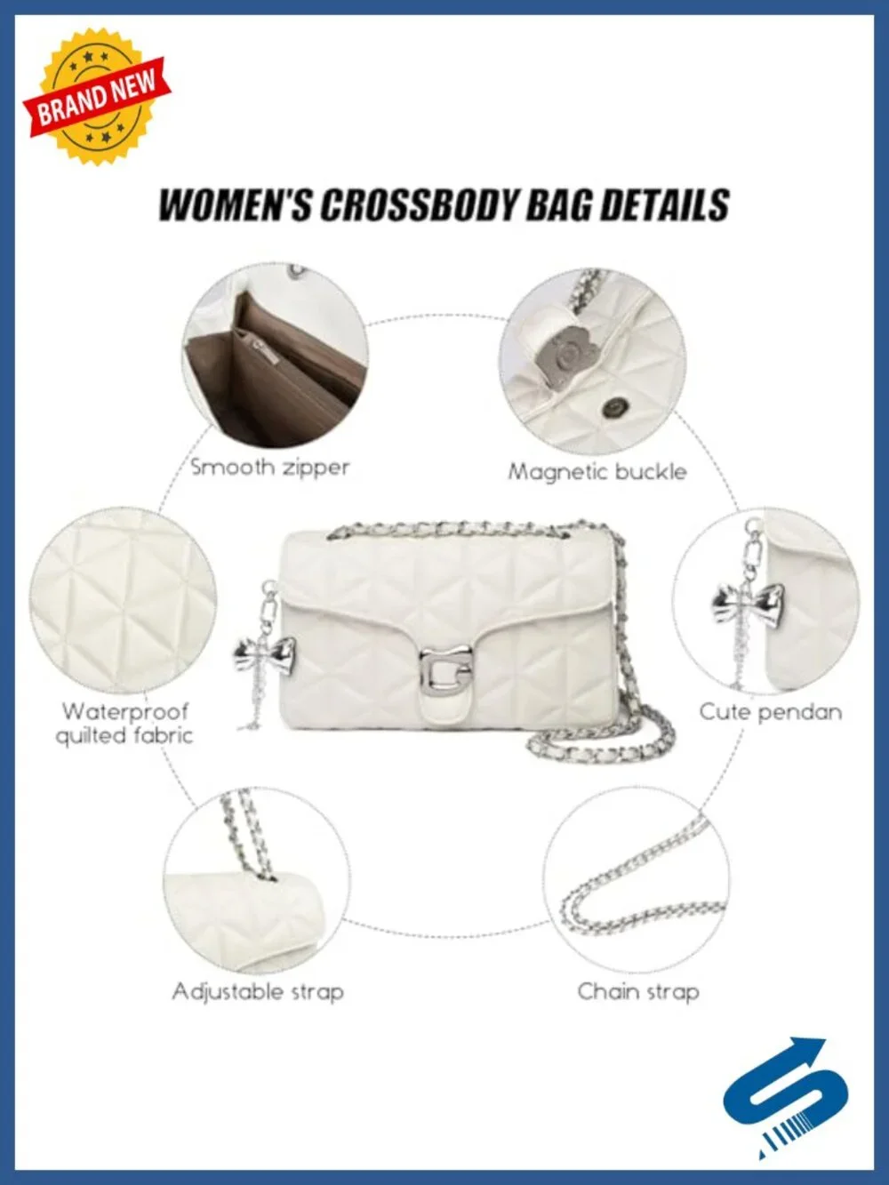 Quilted Vegan Leather Crossbody Bag with Chain Strap and Pendant